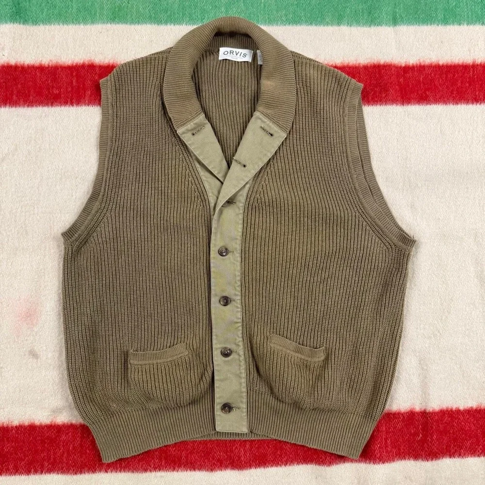 Orvis Vintage Ribbed Cotton Shawl Collar Sweater Vest Tan Mens XXL